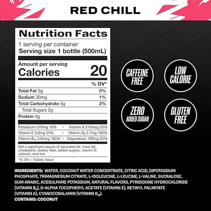 PRIME Hydration ICE RED CHILL, Sports Drinks, Electrolyte Enhanced for Ultimate Hydration, 250mg BCAAs, B Vitamins, Antioxidants, Low Sugar, 16.9 Fl Oz, 12 Pack