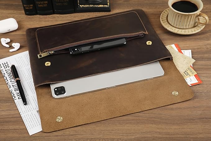Genuine Leather Sleeve for 13/14/15-in MacBook Pro & MacBook Air, Slim Protective Laptop Case, Folio Document Organizer Leather Folder Portfolio-Dark Kahki