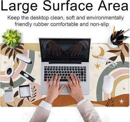 Boho Desk Mat, Abstract Retro Plant Large Mouse Pad, XXL Gaming Large Mousepad 31.5x15.7 in, Brown Grey Boho Aesthetic Desk Pad for Women Office Decor Laptop Keyboard Mouse Mat