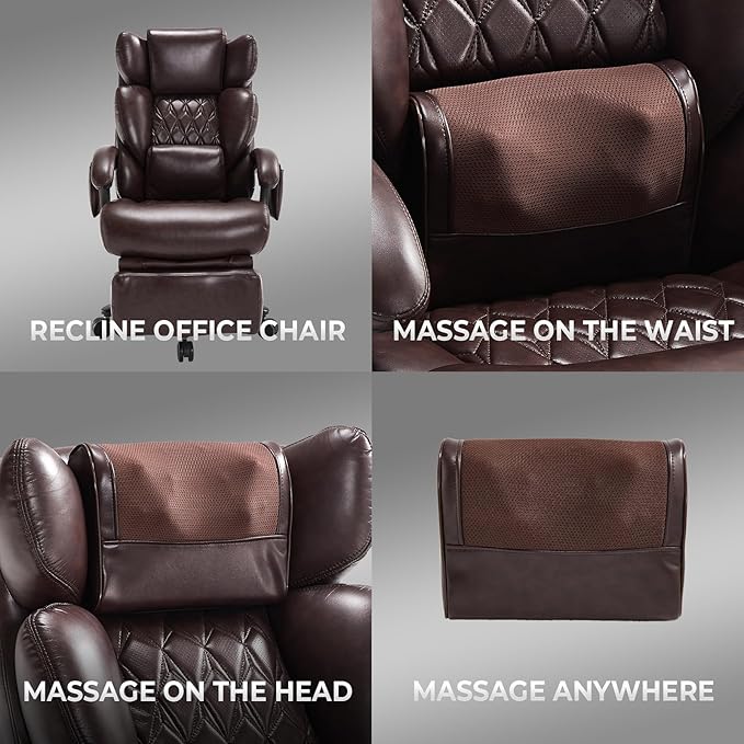 3-in-1 Massage Office Chair with Foot Rest 600LBS Big and Tall Office Chair with Massager and Heat for Heavy People, Reclining Executive Heavy Duty Office Chairs Brown