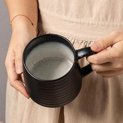 Ceramic Coffee mugs, 21 oz, Extra Large Mugs, Big Tea Cups, Large Handle, Pottery Mugs, Big Belly, Transmutation Glaze，Wide Bottom, stripe pattern, Microwave and Dishwasher Safe. (Black)