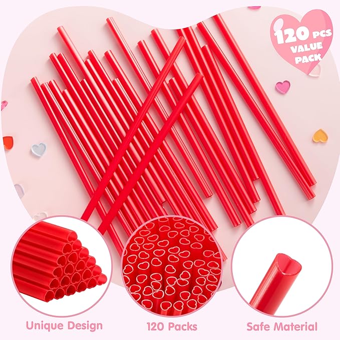 JOYIN 120 PCS Valentine Heart Shaped Red Straws, Reusable Drinking Cute Straw for Valentine Cocktail Party, Birthday Party, Bridal Shower, Wedding Supplies