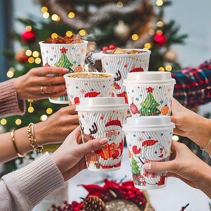 SIUQ 12 oz Christmas Coffee Cups with Lids - 50 Pack Disposable Insulated Paper Cups, Christmas Hot To Go Coffee Cups, Leak Proof Holiday Party Supplies for Office Home Celebrations