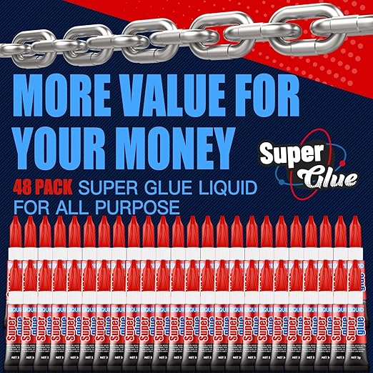 3 Gram (Pack of 48) Single Use Super Glue Liquid, Super Fast, Thin & Strong Adhesive Superglue, Cyanoacrylate Glue for Hard Plastics, DIY Craft, Ceramics, Leather, Metal Etc