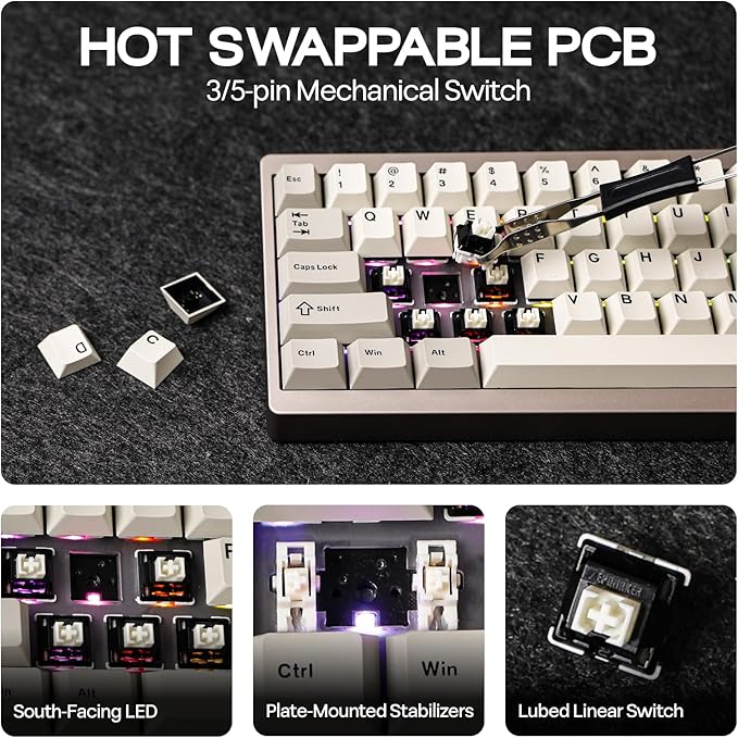 EPOMAKER P65 QMK/VIA Wireless Aluminum Gaming Keyboard, Gasket-Mount, Bluetooth/2.4Ghz/USB(A to C), Hot Swappable, N-Key Rollover, for Mac/PC/PS/Xbox (Khaki, Wisteria Linear Switch)