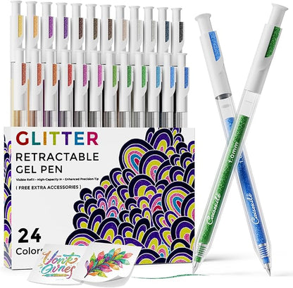 24 Colors Retractable Glitter Gel Pens, Colored Gel Pens, For Artists Coloring Books Drawing Journaling Doodling Writing Back to School Supplies