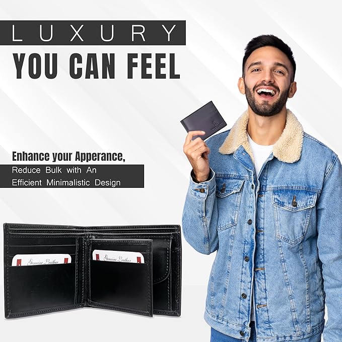 Bifold Wallet for Men with Premium Cowhide Leather Slim Wallet, Minimalist Design, Multiple Card Slots, Stylish Durable Gift-Ready Men’s Wallet (Black)