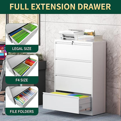 4 Drawer Lateral File Cabinet with Lock, Metal File Cabinets for Home Office, Steel Heavy-Duty Filing Storage Cabinet for Letters/Legal/A4 (Require Assembly, White)