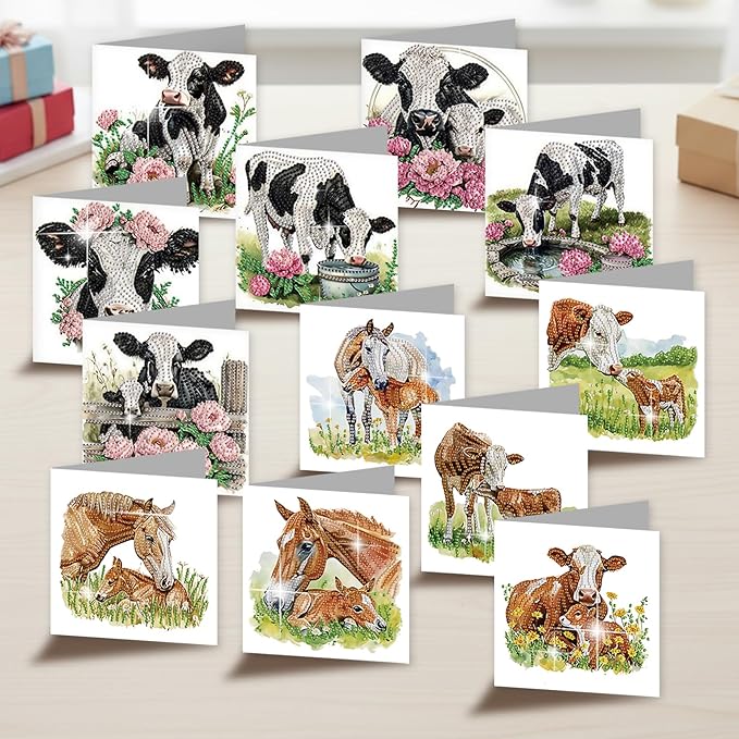 jinglinhh 12pcs Diamond Art Painting Flower Fence Cows Horses Greeting Cards with Envelopes, DIY Card Making Kits for Adults, Diamond Art Christmas Cards for Birthday Holiday Postcards Craft Gifts