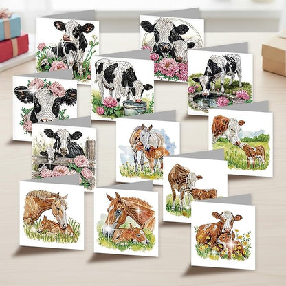 jinglinhh 12pcs Diamond Art Painting Flower Fence Cows Horses Greeting Cards with Envelopes, DIY Card Making Kits for Adults, Diamond Art Christmas Cards for Birthday Holiday Postcards Craft Gifts