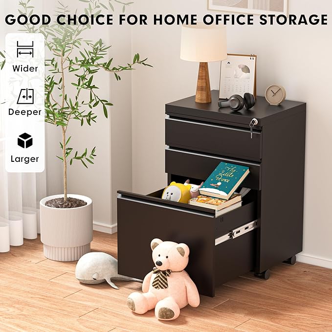 Greenvelly 3-Drawer Mobile File Cabinet with Locking Drawers & Wheels, Rolling Metal Filing Cabinet for Home Office, Lockable File Organizer Under Desk or Letter/Legal Files (Black)