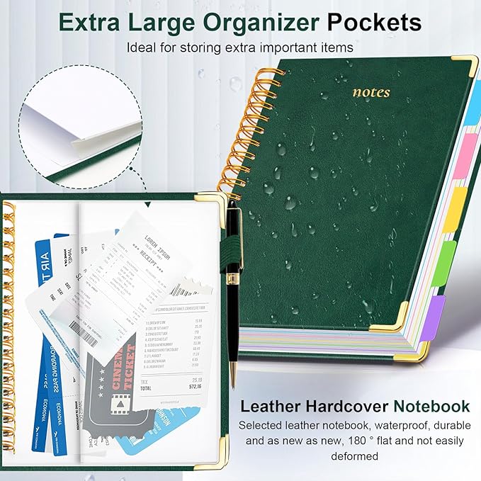 Hardcover Spiral Notebook 6.2"x 8.2" Journal Notebook with Tabs and Removable Dividers 300 Pages 5 Subject Notebook College Ruled, Faux Leather Spiral Bound Notebook for Women School Work(Green)