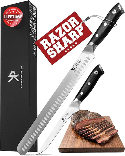 Kitchen perfection BBQ Carving Set for Meat -12” Brisket Slicing Knife +6” Boning Knife with Sheaths - Razor Sharp, Premium German Steel, Full Tang Ergonomic Handles- Perfect Grilling Gifts for Men