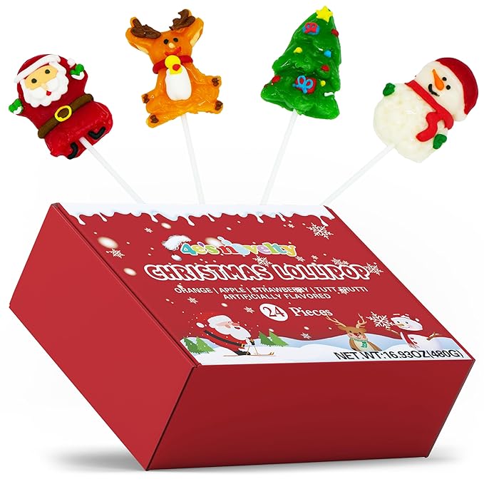 4E's Novelty 24 Pack Christmas Lollipops Santa, Snowman, Reindeer, Tree, Christmas Lollipops Individually Wrapped Bulk, Candy Suckers, Stocking Stuffer Candy for Kids & Adults