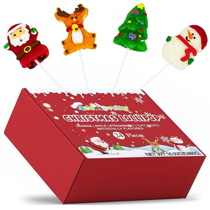 4E's Novelty 24 Pack Christmas Lollipops Santa, Snowman, Reindeer, Tree, Christmas Lollipops Individually Wrapped Bulk, Candy Suckers, Stocking Stuffer Candy for Kids & Adults