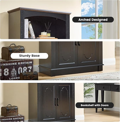 Black 5 Tier Book Shelf and Bookshelf with Storage Cabinet Doors, 72 Inch Tall Bookcase, Wooden Cube Storage Organizer, Kids Bookshelf, Display Cabinet for Bedroom Furniture, Living Room, Pantry