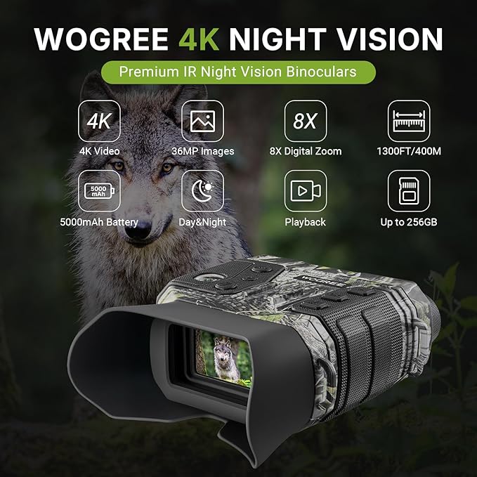 Night Vision Goggles, 4K Night Vision Binoculars for Adults, 36MP, 1300FT Range,8X Digital Zoom, Flashlight & Compass, 5000mAh Battery, Infrared Vision, 32GB Card, for Camping & Security