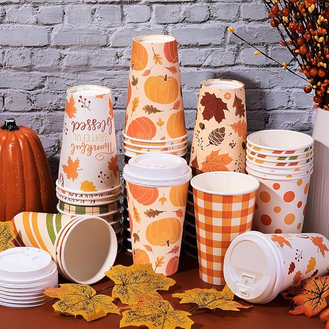 Umigy 120 Pack Fall Paper Coffee Cups 16 oz Thanksgiving Paper Hot Cup Disposable with Lids and Stirrers Beverage Drinking Cup with 6 Designs for Juice Water Coffee Tea for Home Shops