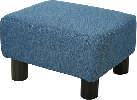 HOMCOM Ottoman Foot Rest, Small Foot Stool with Linen Fabric Upholstery and Plastic Legs, Cube Ottoman for Living Room, Blue