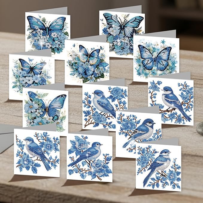 jinglinhh 12pcs Diamond Art Painting Butterfly Bluebird Greeting Cards with Envelopes, DIY Card Making Kits for Adults, Diamond Art Postcards Christmas Cards Craft Gifts