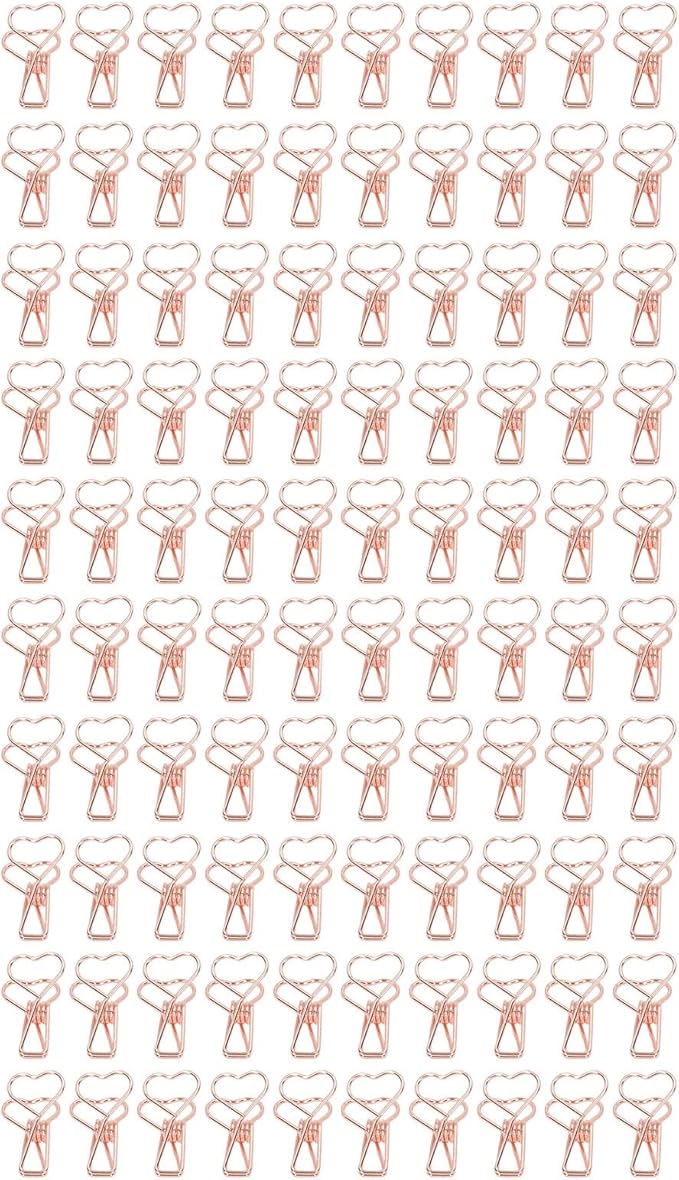 Clips in Assorted Sizes, Medium Metal Paper Clips, 100 Pcs Rose Gold - Strong Clamping Force, Hollow Heart Shape, Cute Office Document Accessories (Pink Gold)