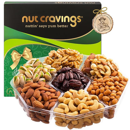 NUT CRAVINGS - Thanksgiving Mixed Nuts Gift Basket in Green Gold Box (7 Assortments, 2 LB) Holiday Xmas Christmas Food Arrangement, Healthy Snack Care Package, Food Assortments