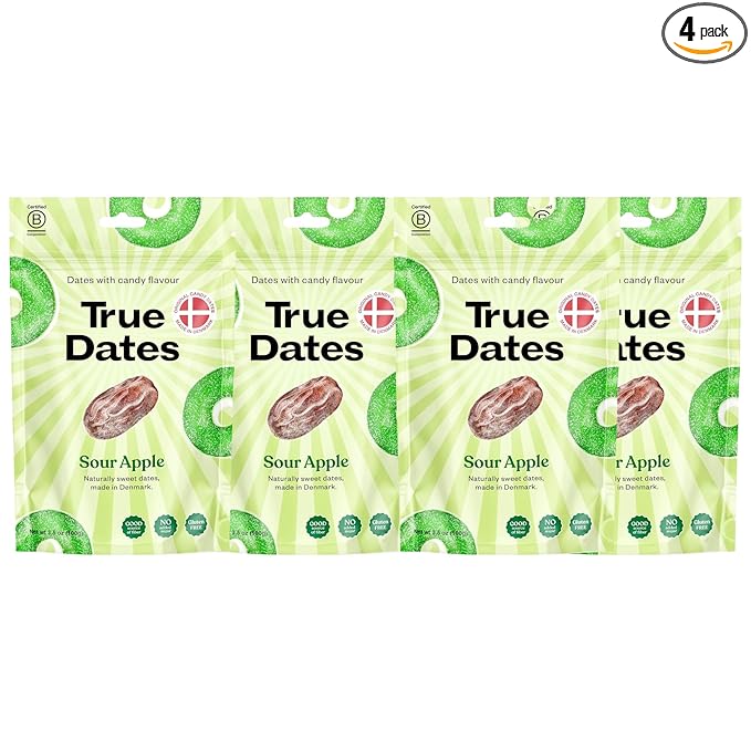 True Dates Candy Dates - Sour Apple - Dates With Candy Flavor, Vegan, No Added Sugar, Gluten Free - 3.5oz Bags (4 Pack)