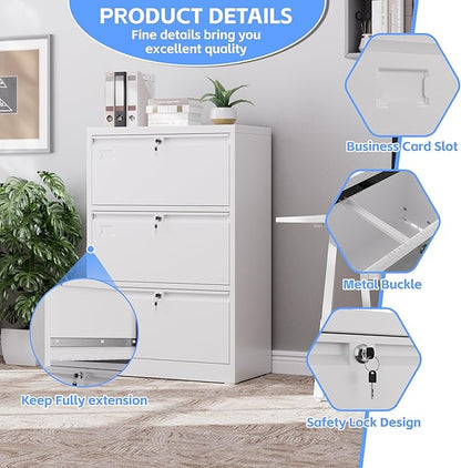 SUXXAN Metal 3 Drawer Lateral File Cabinet with 3 Lock - Wide Filing Cabinet for Letter/Legal/F4/A4 Hanging Files - Includes Business Card Holder,Home Office School Storage,White