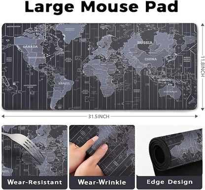 Map Patterns Desk Mat, Large Gaming Mouse Pad Non-Slip Rubber Base with Stitched Edges, Waterproof Protection for PC Laptop Home Office Desk Decor (31.5x11.8in)