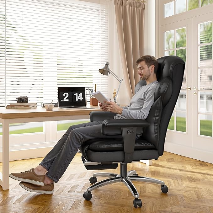Office Chair with High Back,28.7" Deep Seat,Big and Tall Executive Leather Office Chair with Foot Rest & Arms,Reclining Desk Chair Ergonomic with Lumbar Support for Home Office,Blcak
