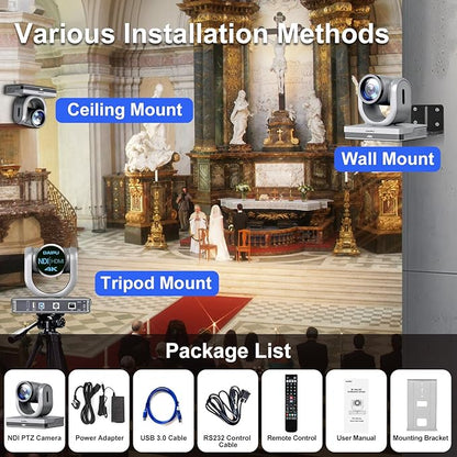 NDI PTZ Camera 4K, 1/2.8" 8.29MP CMOS Sensor, HDMI USB3.0 LAN PoE, 12X Optical+16X Digital Zoom, AI Auto Tracking, 255 Presets, NDI HX2 Certified, for Church Worship Live Streaming Conference Room