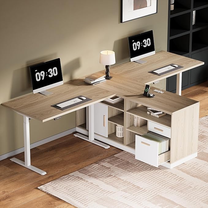 Home Office Furniture Set, 114" Standing Desk with 2 File Cabinets, AC/USB, Extra Long Double Desk for 2 Person, Electric Height Adjustable for Home and Office, Light Walnut