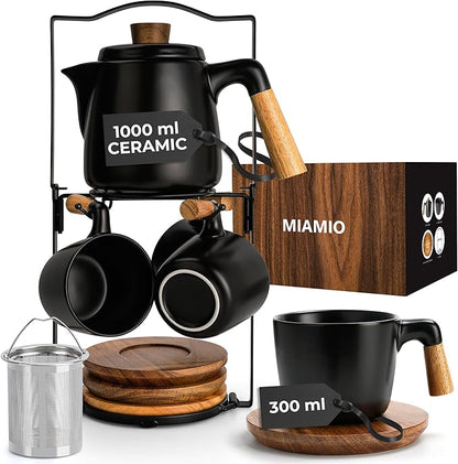 MIAMIO – 34 Oz Ceramic Tea Pot Set with Infuser and Cups/Tea Strainer, 4 Ceramic Tea Mugs (10 Oz), Bamboo Saucers/Handle for Home and Office (Black)