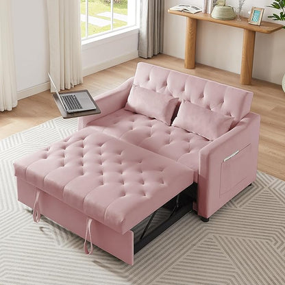 53'' Convertible Sleeper Sofa Bed with Adjustable Backrest, Chaise Lounge, Side Table & Two Pillows – Stylish & Functional Addition to Any Living Room (Modern Pink)