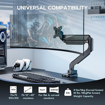 ARES WING Single Monitor Arm, Heavy Duty Adjustable Monitor Arm for 13"-49" Screens with USB, Gas Spring Desk Mount Stand with C Clamp/Grommet Mounting Base up to 40lbs Computer, Black
