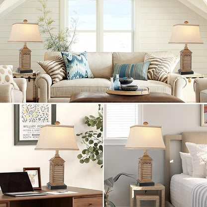 Table Lamps Set of 2 Coastal Beach Living Lamps for Bedroom with Dual USB Ports and One AC Outlet Brown Tropical Nautical Nightstand Bedside Lamps for End Table Home Decor with LED Bulbs