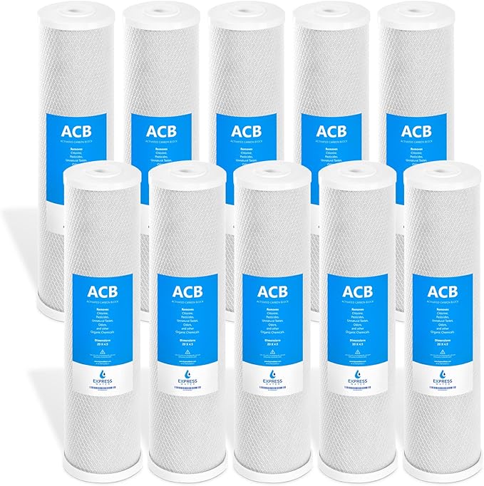 Express Water - 10 Pack Activated Carbon Block Replacement Filter - ACB Large Capacity for Whole House Filtration - 5 Micron - 4.5" x 20" Inch