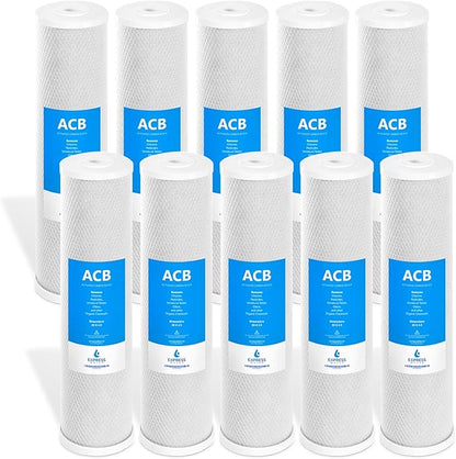 Express Water - 10 Pack Activated Carbon Block Replacement Filter - ACB Large Capacity for Whole House Filtration - 5 Micron - 4.5" x 20" Inch