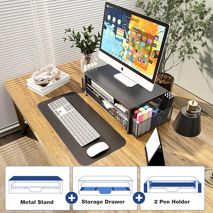 Desk Organizer and Accessories, 2-Tier Computer Monitor Stand Riser with Drawer and 2 Pen Holders, Laptop Stand, Office Desk Accessories for Office Supplies, Black