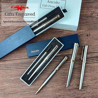 Ancolo Engraved Pens Luxury Roller Pens with 5 Gfit Box 10 extra Black Refills Metal Body Engraved with Your Message Personal Names Phone Number, Gift for Men Women