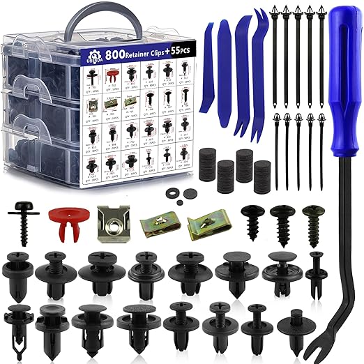 Car Push Retainer Clips 855PCS Auto Fasteners Assortment-24 Most Popular Sizes Nylon Bumper Fender Rivets with 10 Cable Ties and Blue Fastener Remover for Ford GM Toyota Honda Chrysler Benz Nissan