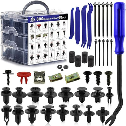 Car Push Retainer Clips 855PCS Auto Fasteners Assortment-24 Most Popular Sizes Nylon Bumper Fender Rivets with 10 Cable Ties and Blue Fastener Remover for Ford GM Toyota Honda Chrysler Benz Nissan