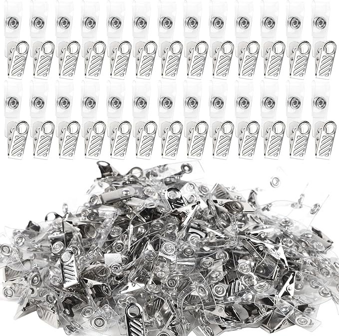 Happy Trees 200 Pcs Metal Badge Clips with Clear PVC Straps, ID Holder Clip for Badge Holders, Name Tags, ID Cards, Work Badges