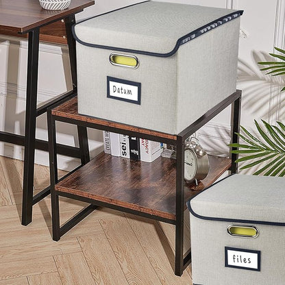 Collapsible File Organizer Box, filing Storage boxes for hanging files with lid, Linen Portable file folder box with handle, Decorative Document Storage Bins for Office/Home/School(Beige)
