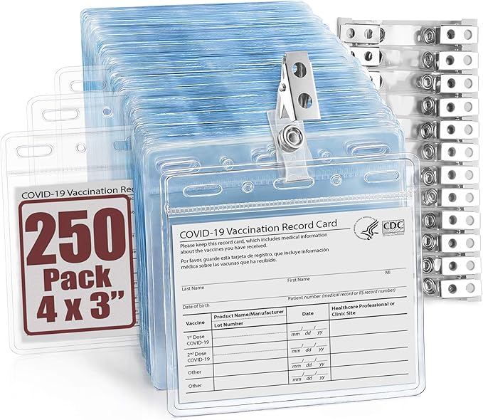 Mifflin-USA Horizontal No Zip Card Protector with Metal Clip and Vinyl Straps (Clear, 4x3 Inch, 250 Pack), Quick Load PVC ID Name Badge with Clips