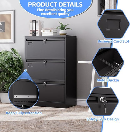 SUXXAN Metal 3 Drawer Lateral File Cabinet with 3 Lock - Wide Filing Cabinet for Letter/Legal/F4/A4 Hanging Files - Includes Business Card Holder,Home Office School Storage,Black
