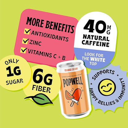 Popwell Orange Cream Caffeinated Better-For-You Prebiotic Soda, with 6g Fiber, 1g Sugar, Vitamins and Immunity Support, 12 fl oz Cans (pack of 12)