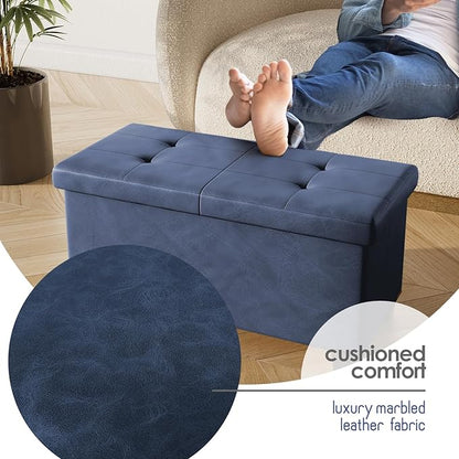 STORAGEBUD Storage Ottoman Bench with Bins, 30-in Storage Bench for Bedroom End of Bed, Folding Foot Rest Ottoman for Living Room Max 660lbs, Faux Leather Ottomans, Blue