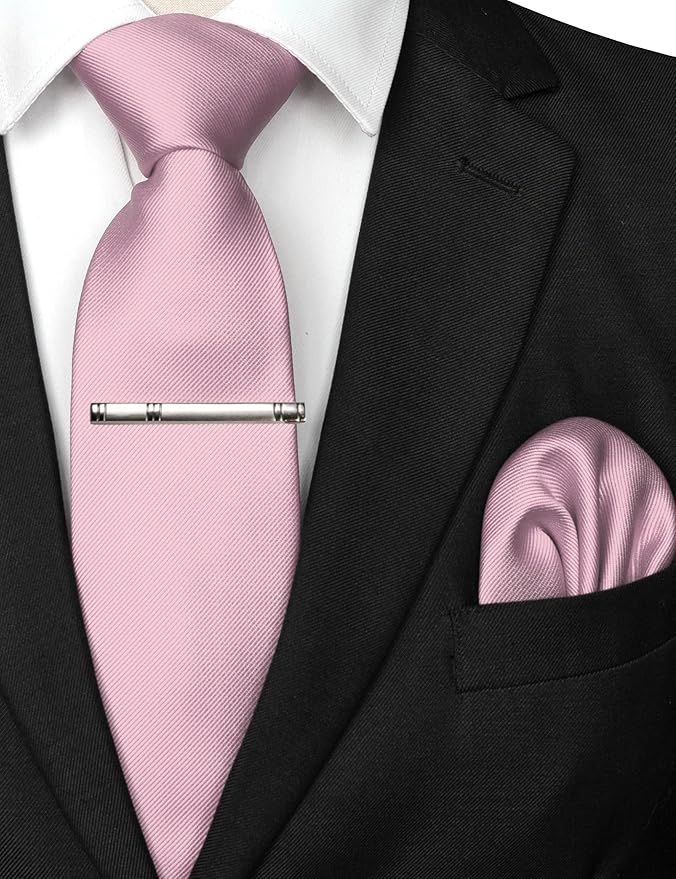 JEMYGINS Solid Color Formal Necktie and Pocket Square Tie Clip Sets for Men