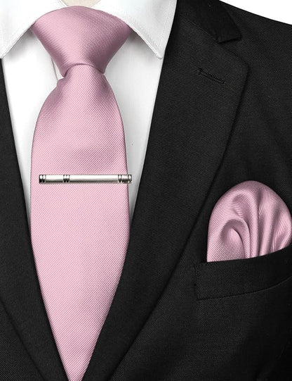 JEMYGINS Solid Color Formal Necktie and Pocket Square Tie Clip Sets for Men